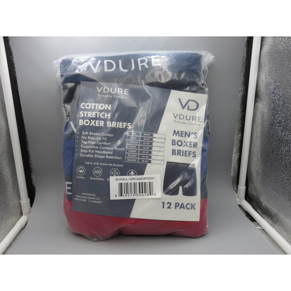 VDURE Mens Cotton Stretch Boxer Briefs Assorted 12 Pack Large 36-38 Waist NEW
